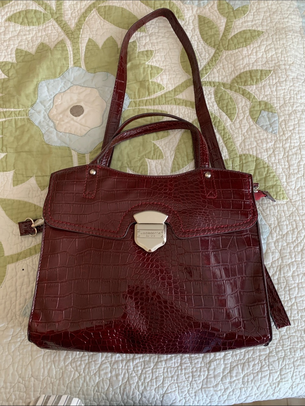 Liz Claiborne Burgundy Croc-Embossed Satchel with Silver Hardware